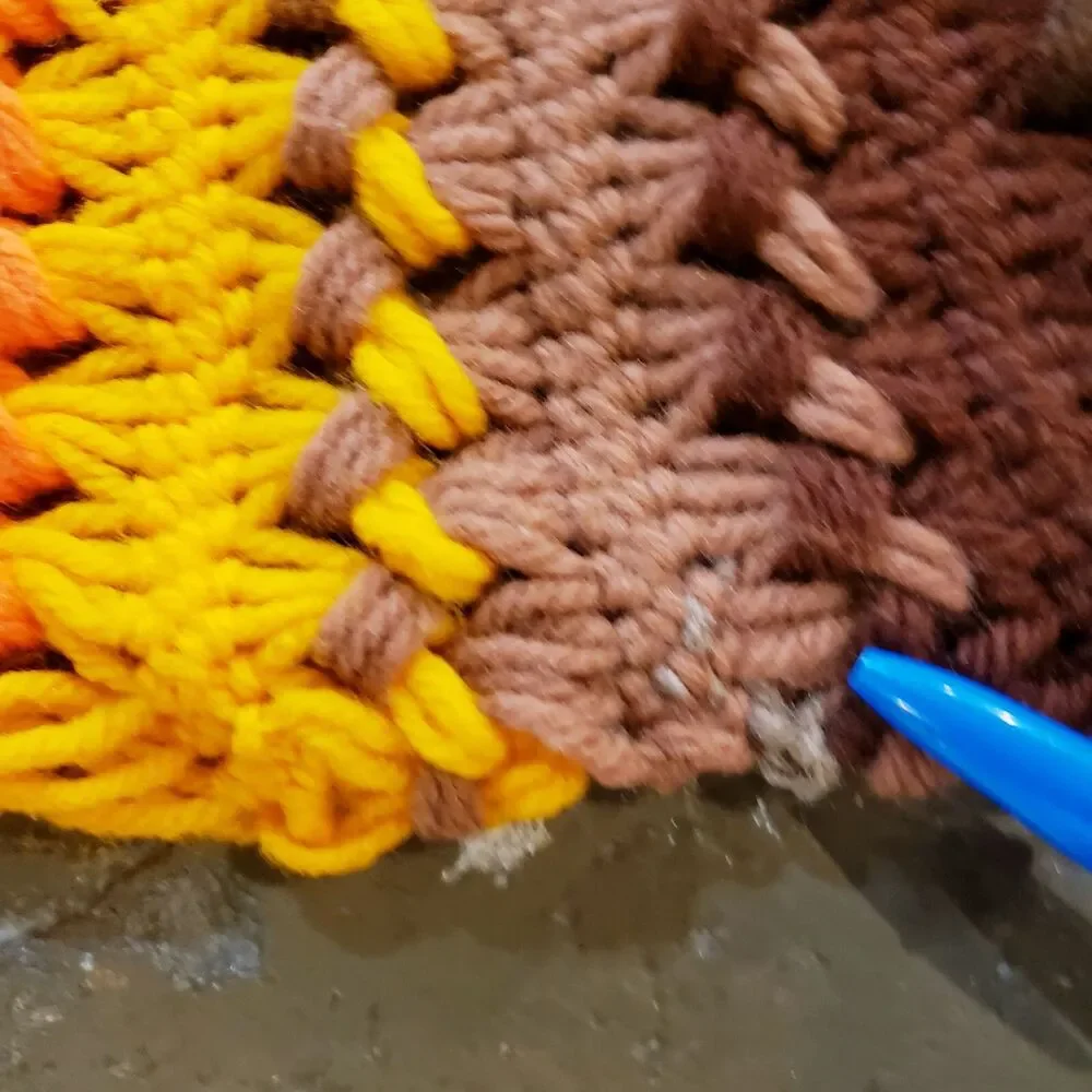 Vintage Afghan Crochet Throw Blanket Brown Green Orange Stripes Fringe MCM